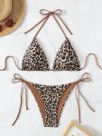 Leopard Print 2 Piece Set Bikini Triangle Halter Neck High Cut Tie Side Swimsuits Women's Swimwear & Clothing