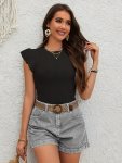 Solid Color Crew Neck T-Shirt Elegant Embroidery Butterfly Sleeve T-Shirt For Spring & Summer Women's Clothing