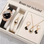 5PCS SET Women's Shiny Rhinestone Quartz Watch Analog Pu Leather Wrist Watch & Butterfly Jewelry Set Gift For Mom Her