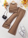 Rib-knit 2PCS Girls Set Side Ruched Tank Top + Flare Leg Trousers - Spring summer Clothes Casual Outfit Gift