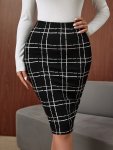 Plaid Print Slim Skirt Versatile High Waist Pencil Skirt For Spring & Summer Women's Clothing