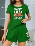 Women's Cute Sloth & Slogan Print Pajama Set Short Sleeve Round Neck Top & Shorts Comfortable Relaxed Fit