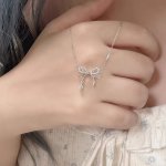 Vintage Bowknot Pendant Necklace With Zirconia Accents Alloy Chain Coquette Style Jewelry For Women - Daily Wear And No-plating