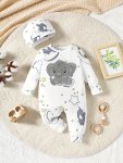Baby's Adorable Elephant Embroidery Casual Long Sleeve Romper & Hat Toddler & Infant Boy's Bodysuit