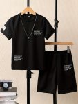 Boys' Casual Letter Print Short Sleeve Shirt And Shorts Set Polyester And Elastane Blend Machine Washable Regular Fit Suitable F