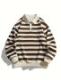 Men's Casual Striped Polo Sweatshirt - 100% Polyester Knit Fabric Lapel Collar Slight Stretch Loose Fit Long Sleeve Active Shirt