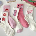 5 Pairs Pink Floral & Heart Socks Cute College Style Mid Tube Socks Women's Stockings & Hosiery