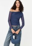 Tulle Lined Asymmetric Collar Knitted Blouse - Indigo
