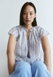 Drawstring-detail Cotton Blouse - White & Blue Striped