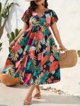 Plus Size Floral Print Surplice Neck Dress Vacation Butterfly Sleeve Dress For Spring & Summer Women's Plus Size Clothing