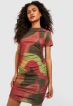 Abstract Print Rouched Rib MINI Dress - Khaki