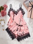 Contrast Lace Letter Print Pajamas Set Spaghetti Strap Top & Bow Decor Shorts Women's Sleepwear & Loungewear