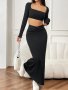 Elegant Solid Color Skirt Set Square Neck Long Sleeve Crop Top & Ruched High Waist Bodycon Skirt Women's Clothing