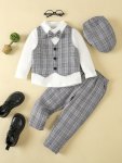 Boys' Spring/autumn Gentleman Suit With White Long Sleeve Shirt Bow Tie Plaid Vest Pants & Cap Formal Outfit Set For Birthday Pa