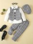 Boys' Spring/Autumn Gentleman Suit With White Long Sleeve Shirt Bow Tie Plaid Vest Pants & Cap Formal Outfit Set For Birthday Parties Performances