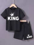 2PCS Boys Casual Simple King Letter Print Comfortable Versatile Short Sleeve T-Shirt & Shorts Set Cool Lightweight And Comfy Sum