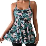 Women's Two Piece Rash Guard Sets Spaghetti Straps Swing Swim Shirts Upf 50+ Built In Bra Swimsuit With Boyshorts