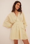 Overlap Tie Waist Linen Dress - Light Beige