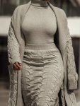 Knitted Elegant Two-piece Set Open Front Cardigan With Pockets & Turtleneck Sweater & High Waist Skirt Outfits Women's Clothing