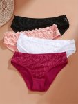 4PCS Solid Lace Briefs Comfortable Breathable Stretchy Panties Women's Underwear & Lingerie
