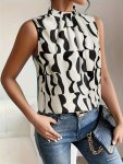 Women's Sleeveless Shirt Polyester Casual Round Neck Random Print Summer Fashion Ruched Chest Detail Pullover Top Adult Size Wov
