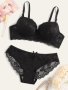 Plain Lace Bra & Bow Decor Panty Spaghetti Strap Push Up Underwire Bra & Panties Lingerie Set Women's Lingerie & Underwear