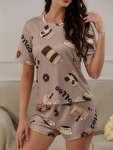 Women's Cake & Coffee Print Casual Pajama Set Short Sleeve Round Neck Top & Shorts Comfortable Relaxed Fit