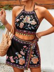 Vacation Style Floral Pattern Two Pieces Tied Backless Crop Halter Top & Wrap MINI Skorts Outfits Women's Clothing