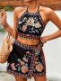 Vacation Style Floral Pattern Two Pieces Tied Backless Crop Halter Top & Wrap MINI Skorts Outfits Women's Clothing