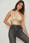 Gathered Waist Satin Top - Beige
