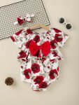 2PCS Baby Girls Cute Rose Graphic Print Bowknot Short Sleeve Onesie Dress & Headband Set Clothes