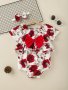 2pcs Baby Girls Cute Rose Graphic Print Bowknot Short Sleeve Onesie Dress & Headband Set Clothes