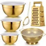 Baderke 6 Pcs Gold Kitchen Accessories Set Includes 3 Gold Mixing Bowls With Airtight Lids Stainless Steel Colander Grater Slice