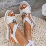 Women's Vintage Platform Sandals Metallic Elastic Ankle Strap Walking Shoes Comfort Wedge Vacation Beach Shoes