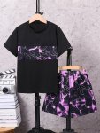 2PCS Boys Casual Tie Dye Lightning Print Stitching Comfortable Versatile Short Sleeve T-Shirt & Shorts Set Cool Lightweight And