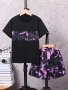 2pcs Boys Casual Tie Dye Lightning Print Stitching Comfortable Versatile Short Sleeve T-shirt & Shorts Set Cool Lightweight And Comfy Summer Clothes