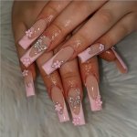 24PCS Glossy Long Square Fake Nails Pink French Tip Press On Nails With 3D Flower Butterfly Design Sweet Cool Full Cover False N