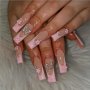 24pcs Glossy Long Square Fake Nails Pink French Tip Press On Nails With 3D Flower Butterfly Design Sweet Cool Full Cover False Nails For