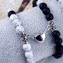 2PCS Elegant & Boho Style Black/ White Stone Beaded Couple Bracelet With Heart Magnet Pendant Fashion Accessory For Daily Wear & Party Idea Gift