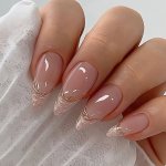 24PCS Glossy Medium Almond Fake Nails Nude Color Press On Nails With French Tip Holographic Laser Golden Powder Stick On Nails S
