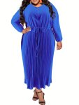 Plus Size Elegant Dress Women's Plus Solid Long Sleeve Round Neck Half Zipper Pleated Maxi Dress
