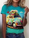 Car Print Crew Neck T-Shirt Casual Short Sleeve Top For Spring & Summer Women's Clothing