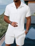 Men's Outfit Casual Checkered Graphic Print Lapel Short Sleeve Button Up Shirt & Drawstring Shorts 2-PIECE Set For Summer Outdoo