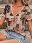 Geo Print V-neck T-Shirt Vintage Short Sleeve T-Shirt For Spring & Summer Women's Clothing