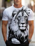 Lion Print T-Shirt Men's Casual Street Style Stretch Round Neck Tee Shirt For Summer