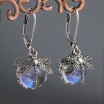 Exquisite Dragonfly Round Moonstone Decor Vintage Dangle Earrings Bohemian Cute Style Silver Plated Jewelry Delicate Female Gift