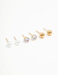 Waterproof Gold Plated Stainless Steel Mixed Stud Earrings 3-PACK