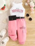 2PCS Baby's Brooklyn Print Ribbed Halter Neck Top + Trendy Cargo Pants Toddler & Infant Girl's Clothing Set For Spring Summer