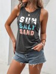 Letter & Palm Tree Print Crew Neck Tank Top Casual Sleeveless Tank Top For Summer Women's Clothing