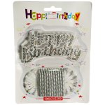Happy Birthday Silver Candles & Holder Set